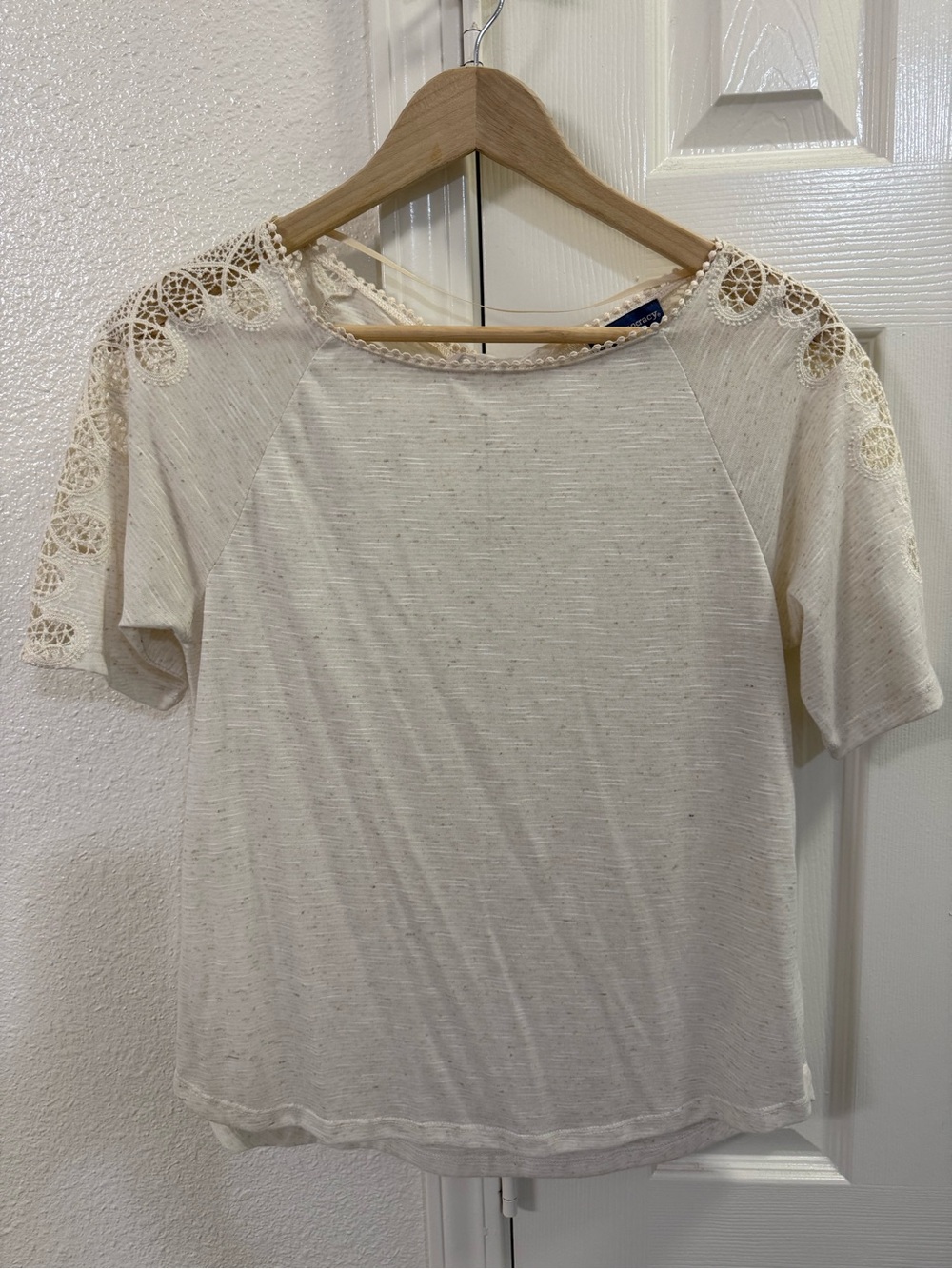 Democracy Cream Short Sleeve Top with Crochet Shoulder Detail